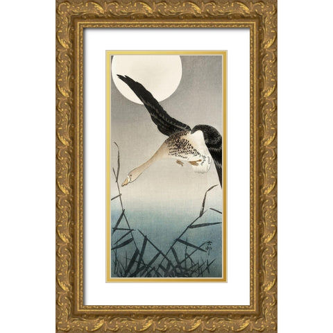 White-fronted goose at full moon Gold Ornate Wood Framed Art Print with Double Matting by Koson, Ohara