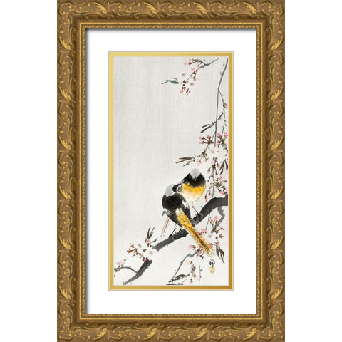 Two sable red tails with cherry blossom Gold Ornate Wood Framed Art Print with Double Matting by Koson, Ohara