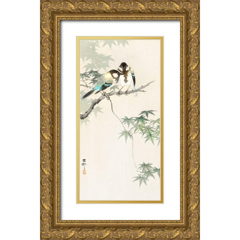 Great tits on maple branch Gold Ornate Wood Framed Art Print with Double Matting by Koson, Ohara