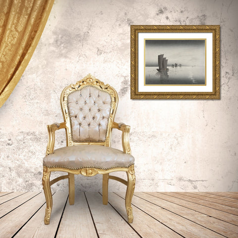 Fishing boats at dusk Gold Ornate Wood Framed Art Print with Double Matting by Koson, Ohara