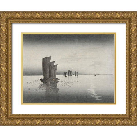 Fishing boats at dusk Gold Ornate Wood Framed Art Print with Double Matting by Koson, Ohara