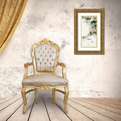 Frog and tadpoles Gold Ornate Wood Framed Art Print with Double Matting by Koson, Ohara