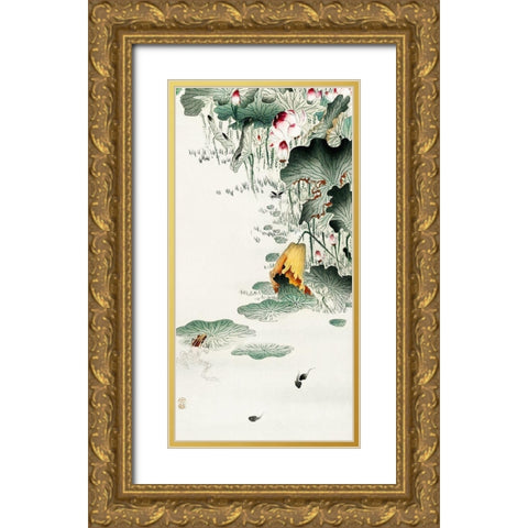 Frog and tadpoles Gold Ornate Wood Framed Art Print with Double Matting by Koson, Ohara