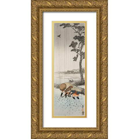 Rice planters in the rain Gold Ornate Wood Framed Art Print with Double Matting by Koson, Ohara