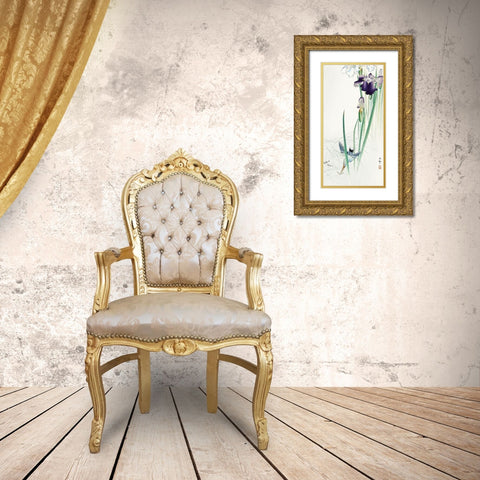Kingfisher and irises Gold Ornate Wood Framed Art Print with Double Matting by Koson, Ohara
