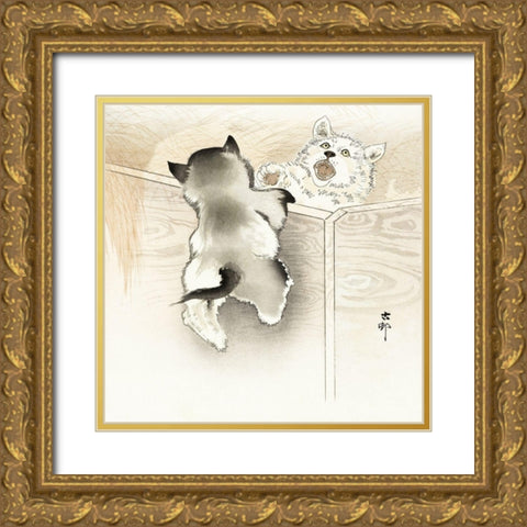 Two playing dogs Gold Ornate Wood Framed Art Print with Double Matting by Koson, Ohara