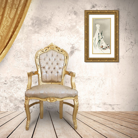 A bird with narcissus flowers and a hay bundle Gold Ornate Wood Framed Art Print with Double Matting by Koson, Ohara