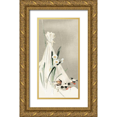 A bird with narcissus flowers and a hay bundle Gold Ornate Wood Framed Art Print with Double Matting by Koson, Ohara