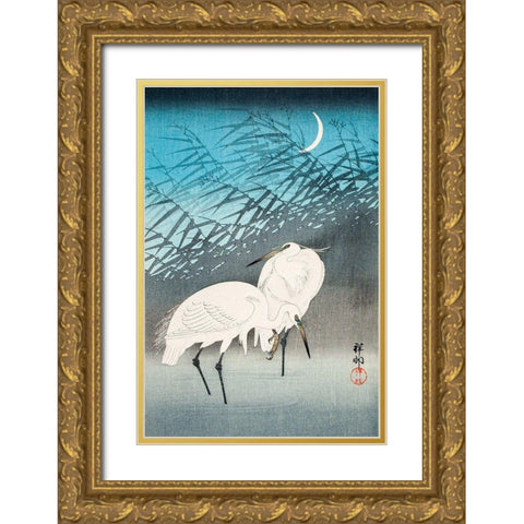 Egrets and Reeds in Moonlight Gold Ornate Wood Framed Art Print with Double Matting by Koson, Ohara