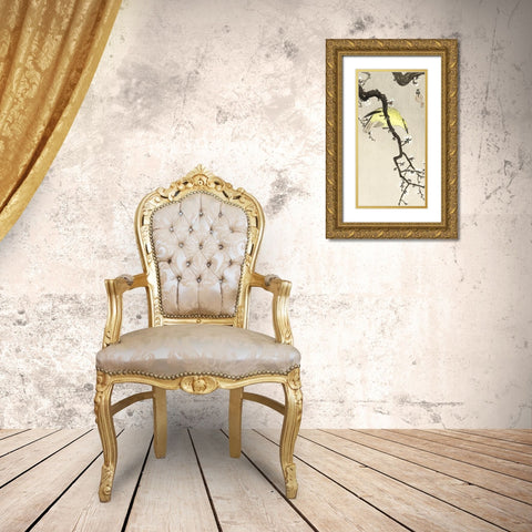 Chinese oriole on plum blossom branch Gold Ornate Wood Framed Art Print with Double Matting by Koson, Ohara