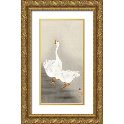 Two geese Gold Ornate Wood Framed Art Print with Double Matting by Koson, Ohara