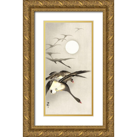 Geese at full moon Gold Ornate Wood Framed Art Print with Double Matting by Koson, Ohara