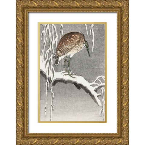 Heron on snowy tree branch Gold Ornate Wood Framed Art Print with Double Matting by Koson, Ohara