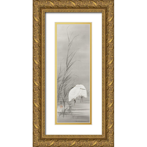 Egrets in a swamp Gold Ornate Wood Framed Art Print with Double Matting by Koson, Ohara