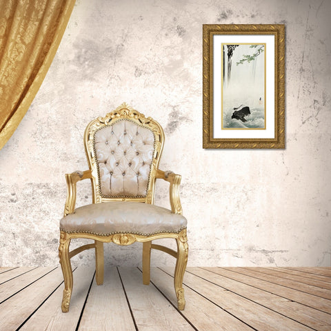 Japanese wagtail at waterfall Gold Ornate Wood Framed Art Print with Double Matting by Koson, Ohara