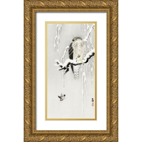 Hawk with captured ring sparrow Gold Ornate Wood Framed Art Print with Double Matting by Koson, Ohara