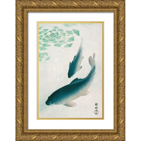 Carp or Koi Gold Ornate Wood Framed Art Print with Double Matting by Koson, Ohara