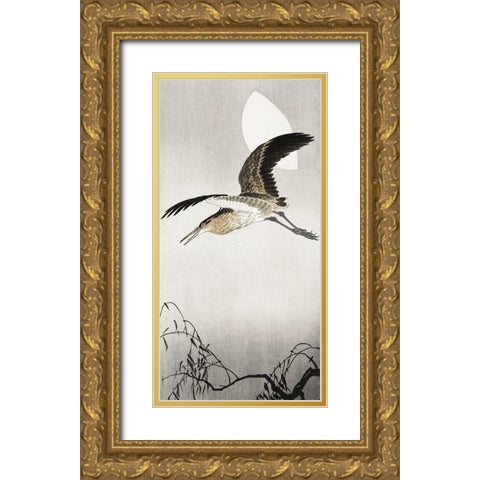 Heron and moon Gold Ornate Wood Framed Art Print with Double Matting by Koson, Ohara