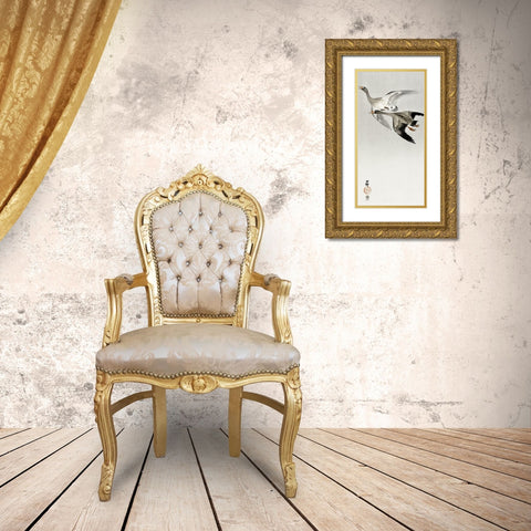 Great geese, flying in the snow Gold Ornate Wood Framed Art Print with Double Matting by Koson, Ohara