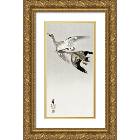 Great geese, flying in the snow Gold Ornate Wood Framed Art Print with Double Matting by Koson, Ohara