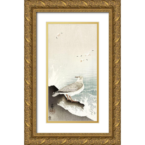 Gull on rock Gold Ornate Wood Framed Art Print with Double Matting by Koson, Ohara
