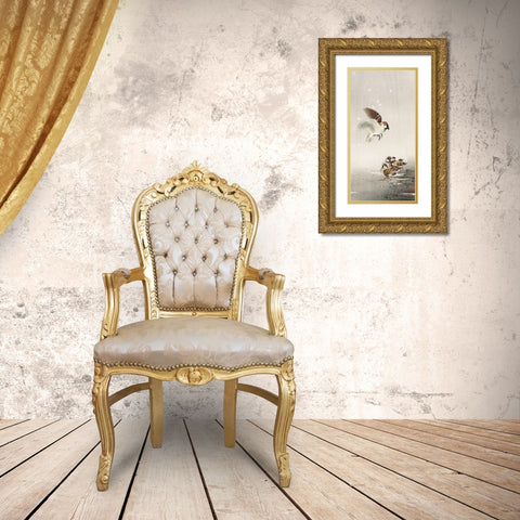 Tree sparrow with babies Gold Ornate Wood Framed Art Print with Double Matting by Koson, Ohara