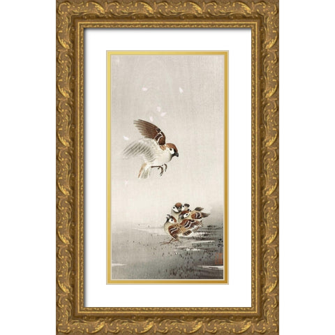 Tree sparrow with babies Gold Ornate Wood Framed Art Print with Double Matting by Koson, Ohara