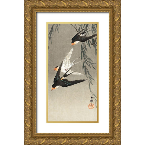 Three red-tailed swallows in dive Gold Ornate Wood Framed Art Print with Double Matting by Koson, Ohara
