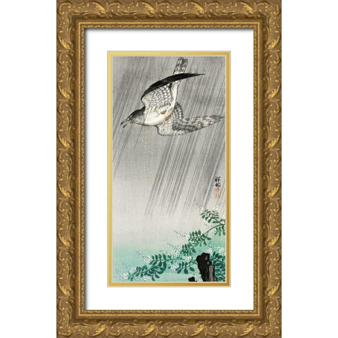 Cuckoo in storm Gold Ornate Wood Framed Art Print with Double Matting by Koson, Ohara