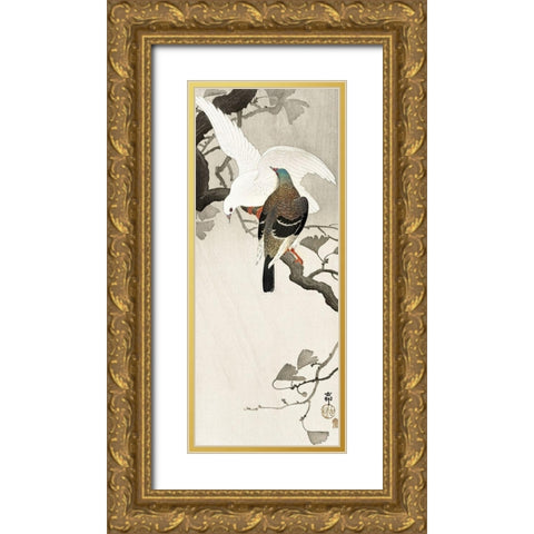 Two pigeons on a branch Gold Ornate Wood Framed Art Print with Double Matting by Koson, Ohara