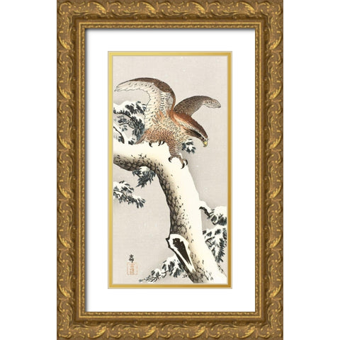 Eagle on a tree branch Gold Ornate Wood Framed Art Print with Double Matting by Koson, Ohara