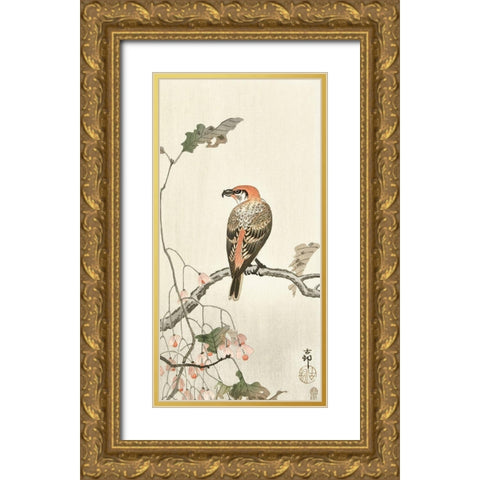 Crossbill on tree branch Gold Ornate Wood Framed Art Print with Double Matting by Koson, Ohara