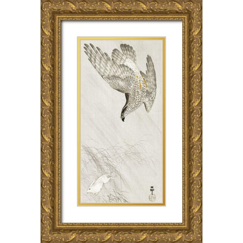 Hawk hunting a hare Gold Ornate Wood Framed Art Print with Double Matting by Koson, Ohara