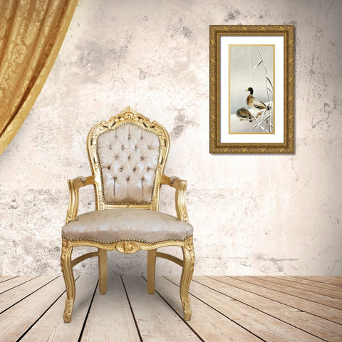 Two ducks on snowy reed Gold Ornate Wood Framed Art Print with Double Matting by Koson, Ohara