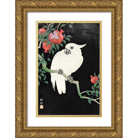 Cockatoo and Pomegranate Gold Ornate Wood Framed Art Print with Double Matting by Koson, Ohara