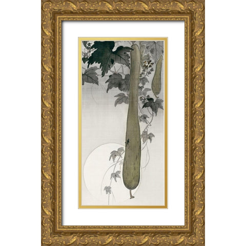 Wild cucumber and a full moon Gold Ornate Wood Framed Art Print with Double Matting by Koson, Ohara