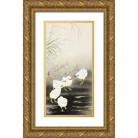 Chicks eating worms Gold Ornate Wood Framed Art Print with Double Matting by Koson, Ohara