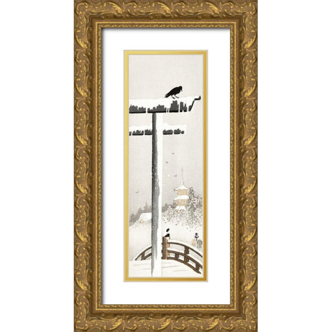 Torii in the snow Gold Ornate Wood Framed Art Print with Double Matting by Koson, Ohara