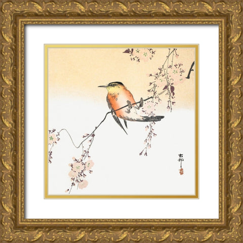 Songbird and Blossoming Cherry Gold Ornate Wood Framed Art Print with Double Matting by Koson, Ohara