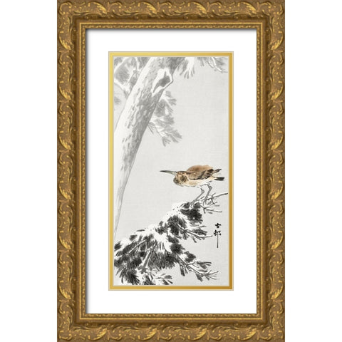 Indian quack on snowy tree branch Gold Ornate Wood Framed Art Print with Double Matting by Koson, Ohara