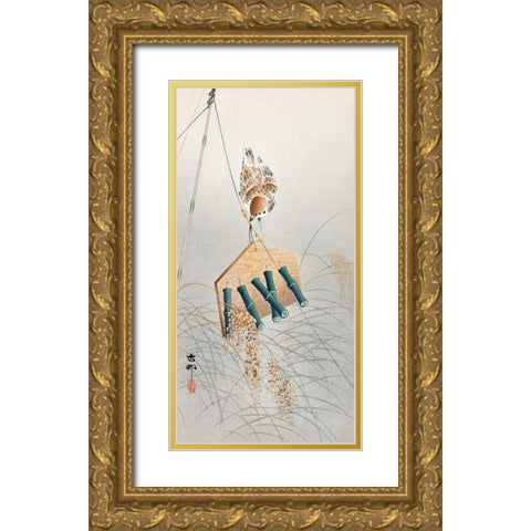 Ring sparrow on scarecrow Gold Ornate Wood Framed Art Print with Double Matting by Koson, Ohara