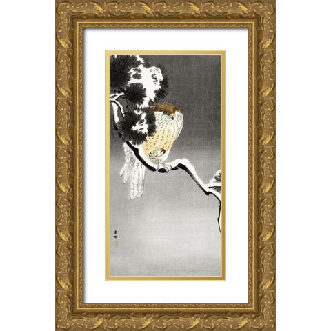 Hawk with sparrow Gold Ornate Wood Framed Art Print with Double Matting by Koson, Ohara