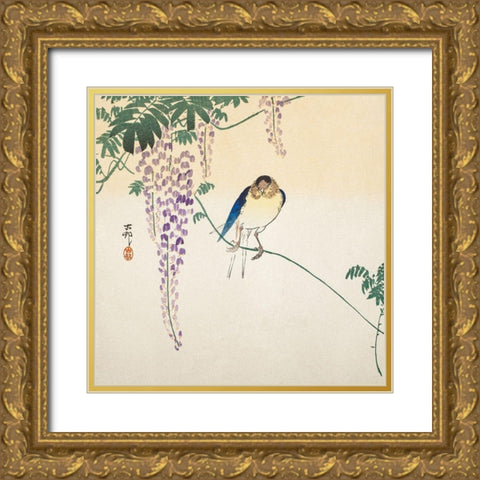 Wisteria and Swallow Gold Ornate Wood Framed Art Print with Double Matting by Koson, Ohara