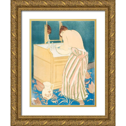 Woman Bathing Gold Ornate Wood Framed Art Print with Double Matting by Cassatt, Mary