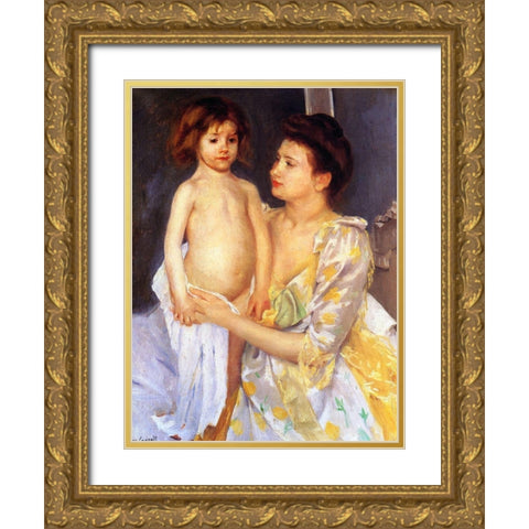 Jules Being Dried by His Mother Gold Ornate Wood Framed Art Print with Double Matting by Cassatt, Mary