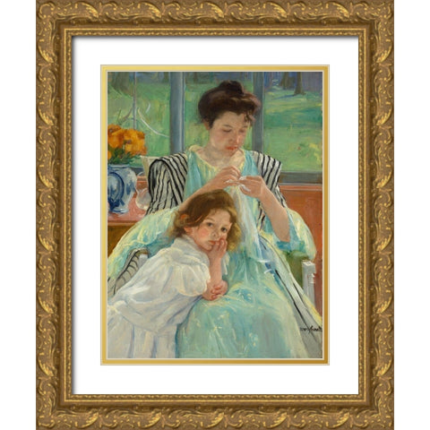 Young Mother Sewing Gold Ornate Wood Framed Art Print with Double Matting by Cassatt, Mary