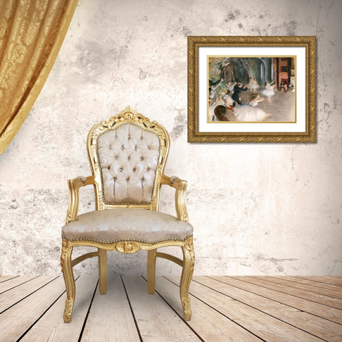 The Rehearsal Onstage Gold Ornate Wood Framed Art Print with Double Matting by Degas, Edgar