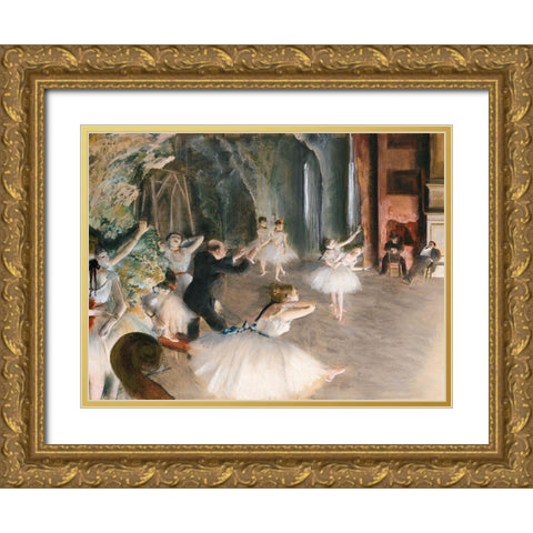 The Rehearsal Onstage Gold Ornate Wood Framed Art Print with Double Matting by Degas, Edgar