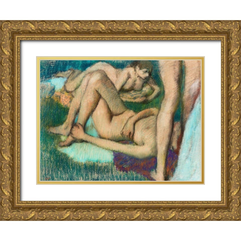 Naked Women Bathers Gold Ornate Wood Framed Art Print with Double Matting by Degas, Edgar