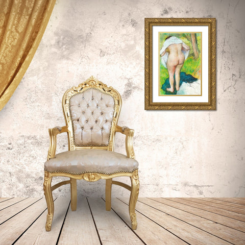 Girl Drying Herself Gold Ornate Wood Framed Art Print with Double Matting by Degas, Edgar
